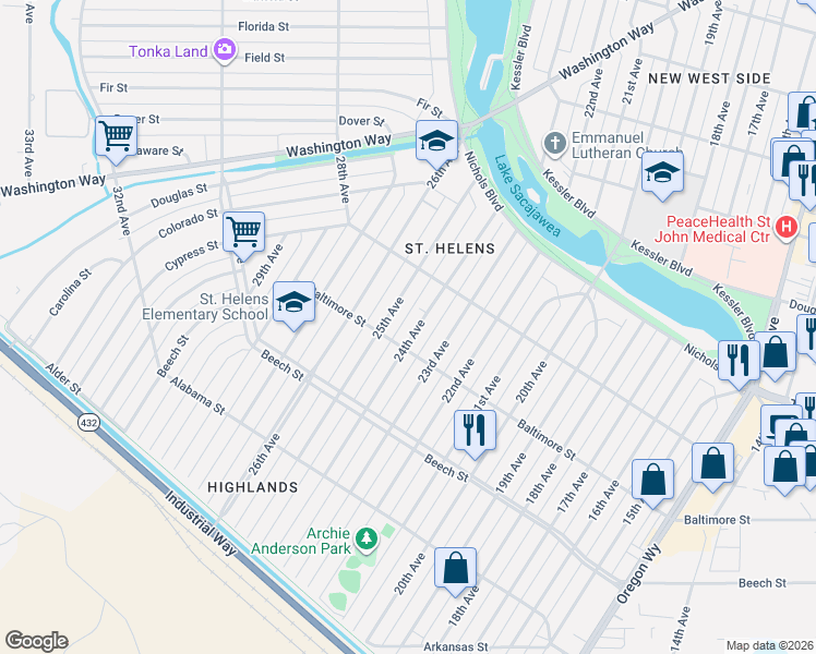 map of restaurants, bars, coffee shops, grocery stores, and more near 521 24th Avenue in Longview
