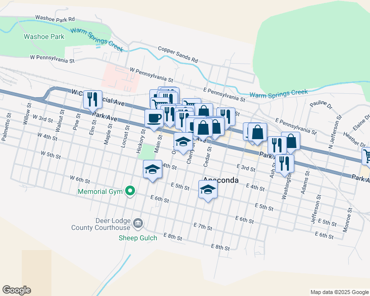 map of restaurants, bars, coffee shops, grocery stores, and more near 214 East 3rd Street in Anaconda