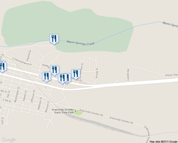 map of restaurants, bars, coffee shops, grocery stores, and more near 1575 Anaconda Drive in Anaconda