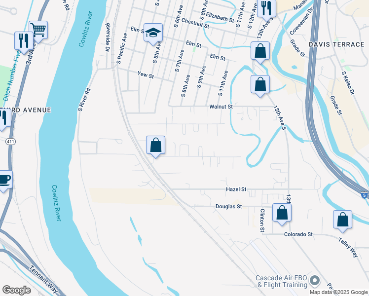 map of restaurants, bars, coffee shops, grocery stores, and more near 303 Hawthorne Street in Kelso