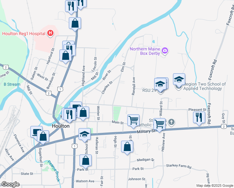 map of restaurants, bars, coffee shops, grocery stores, and more near 7 Elm Street in Houlton