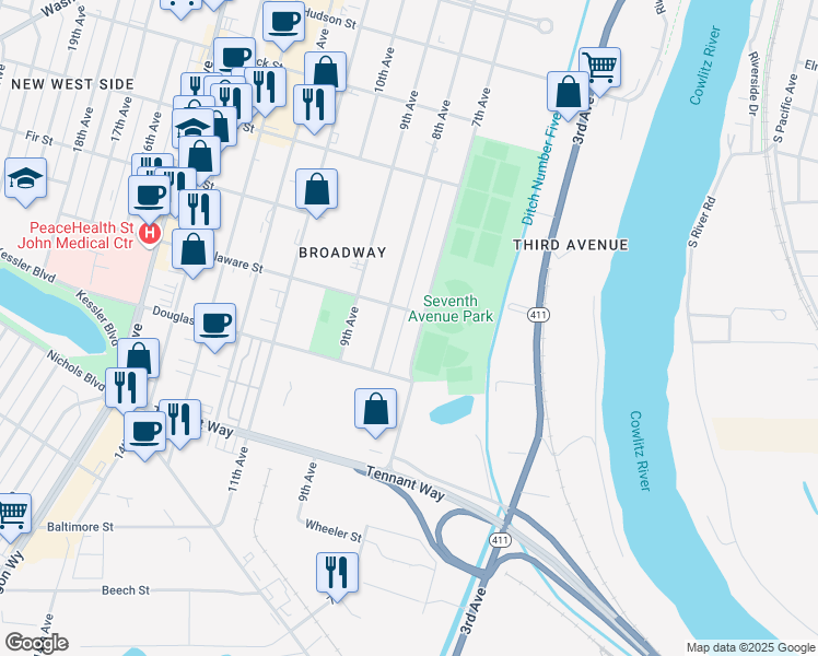 map of restaurants, bars, coffee shops, grocery stores, and more near 859 7th Avenue in Longview