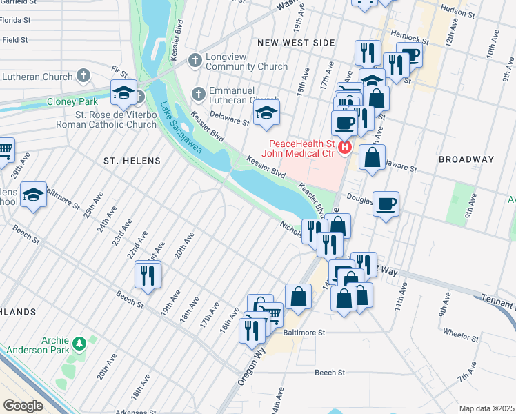 map of restaurants, bars, coffee shops, grocery stores, and more near 18th Avenue in Longview