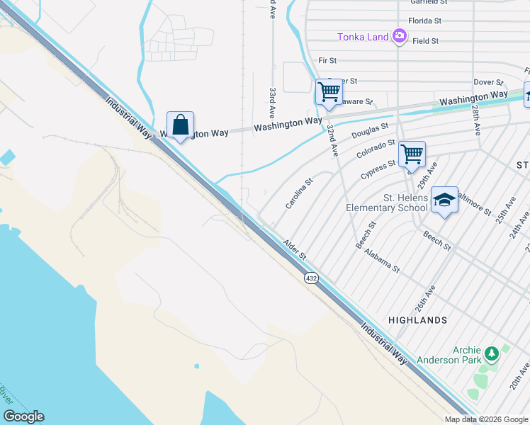 map of restaurants, bars, coffee shops, grocery stores, and more near 206 Douglas Street in Longview