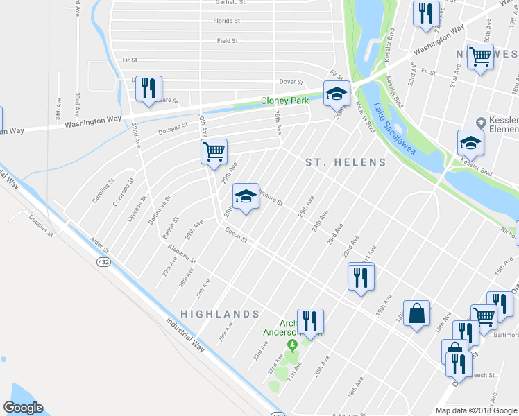 map of restaurants, bars, coffee shops, grocery stores, and more near 456 27th Avenue in Longview