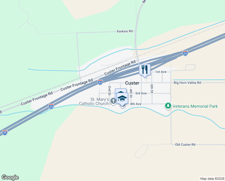 map of restaurants, bars, coffee shops, grocery stores, and more near 200-292 3rd Avenue in Custer