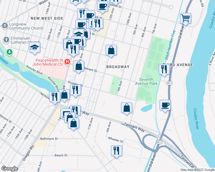 map of restaurants, bars, coffee shops, grocery stores, and more near 1010 Douglas Street in Longview