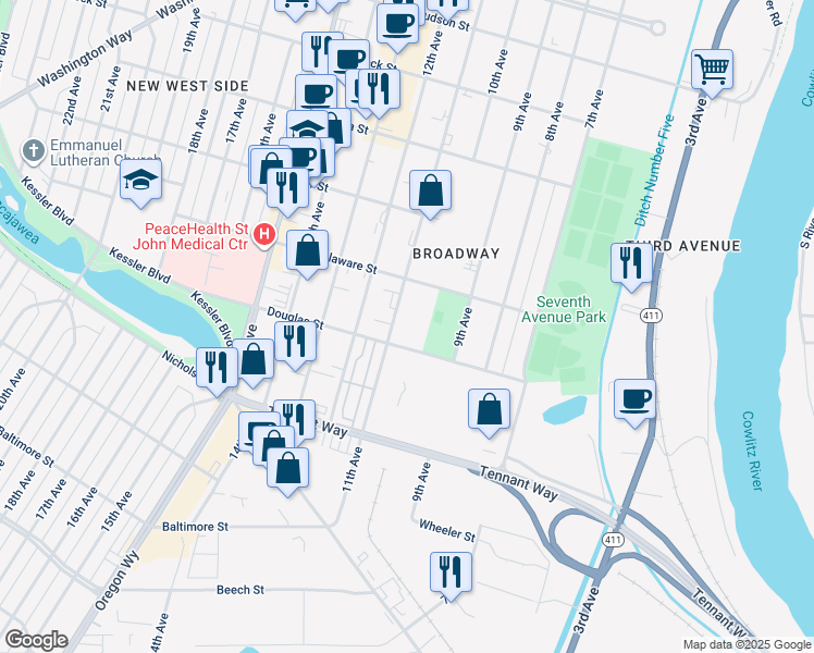 map of restaurants, bars, coffee shops, grocery stores, and more near 820 11th Avenue in Longview