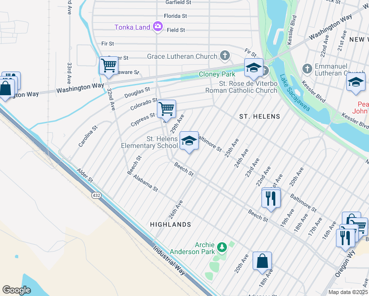 map of restaurants, bars, coffee shops, grocery stores, and more near 431 27th Avenue in Longview