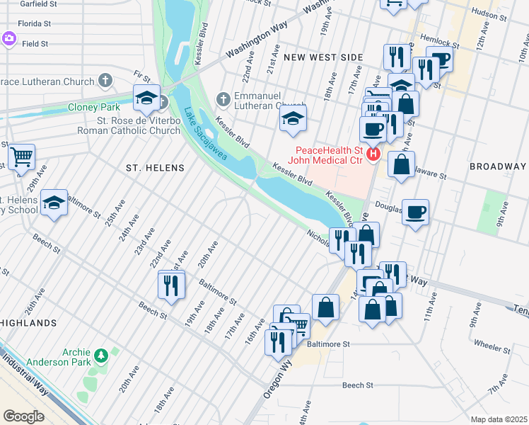 map of restaurants, bars, coffee shops, grocery stores, and more near 1821 Nichols Boulevard in Longview
