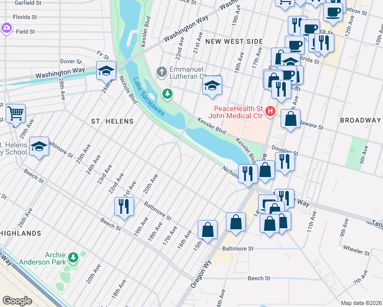 map of restaurants, bars, coffee shops, grocery stores, and more near 656 18th Avenue in Longview