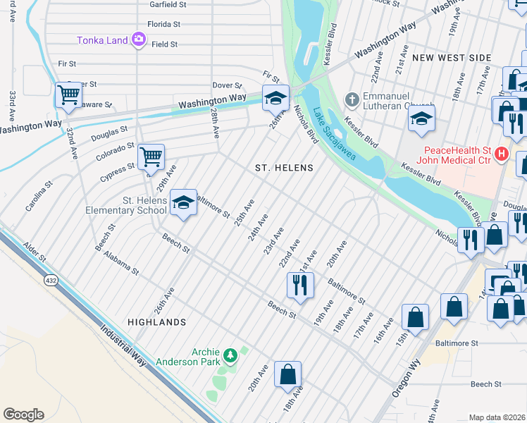 map of restaurants, bars, coffee shops, grocery stores, and more near 541 24th Avenue in Longview