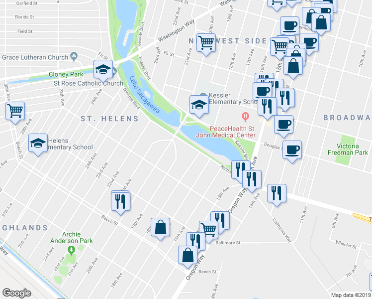 map of restaurants, bars, coffee shops, grocery stores, and more near 656 18th Avenue in Longview
