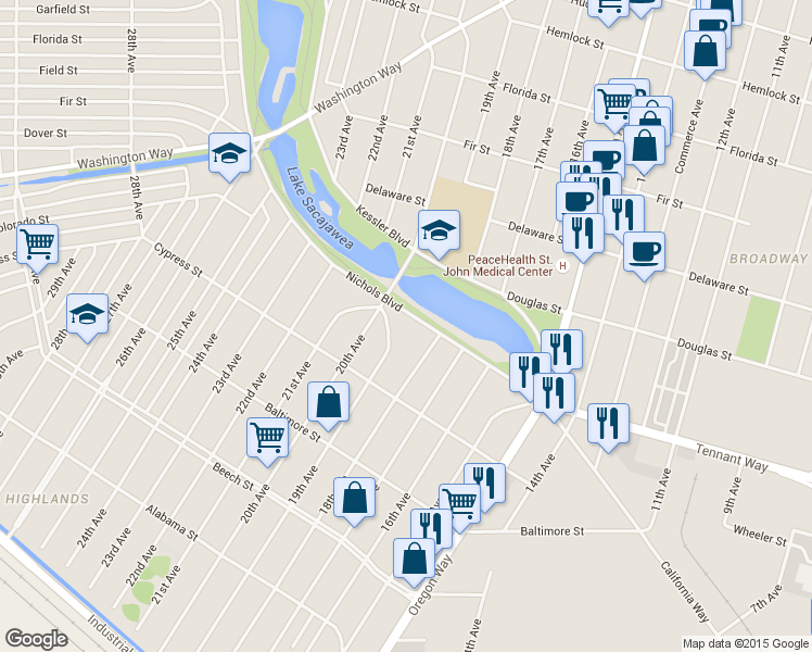 map of restaurants, bars, coffee shops, grocery stores, and more near 1827 Nichols Boulevard in Longview