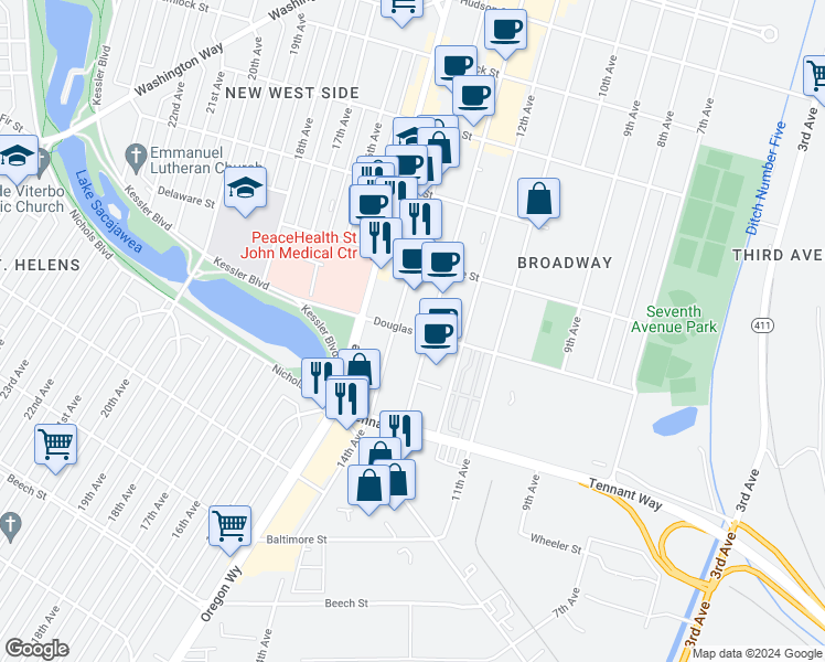 map of restaurants, bars, coffee shops, grocery stores, and more near 1301 Douglas Street in Longview