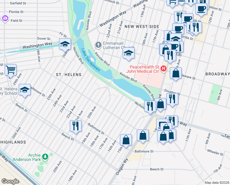 map of restaurants, bars, coffee shops, grocery stores, and more near 636 19th Avenue in Longview