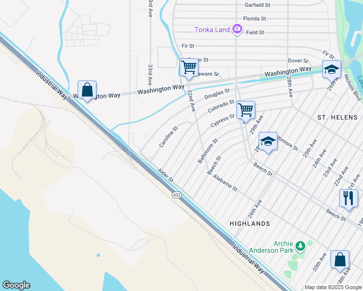 map of restaurants, bars, coffee shops, grocery stores, and more near 254 Colorado Street in Longview