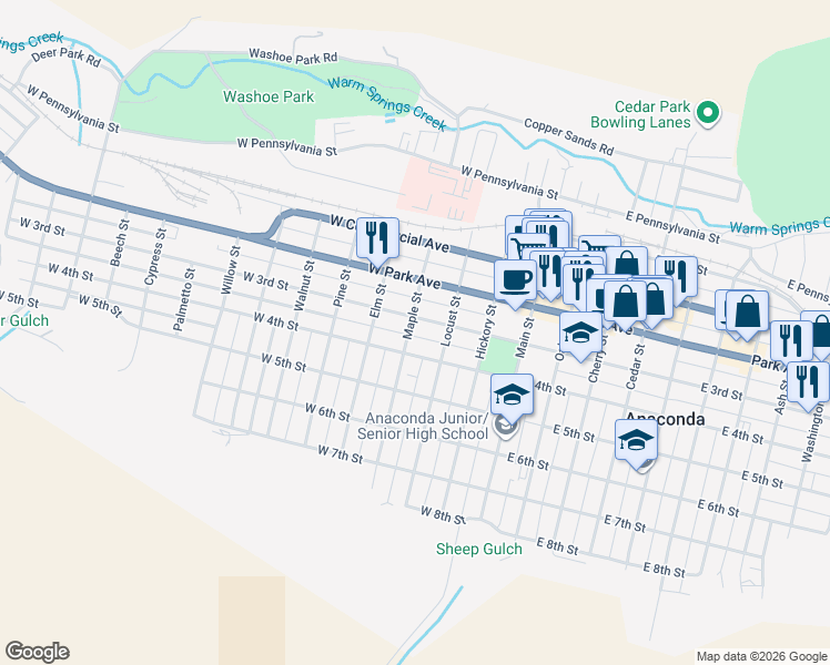 map of restaurants, bars, coffee shops, grocery stores, and more near 320 West 4th Street in Anaconda