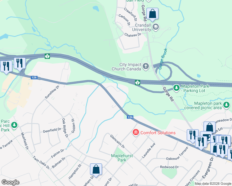 map of restaurants, bars, coffee shops, grocery stores, and more near 40 Woodhaven Court in Moncton