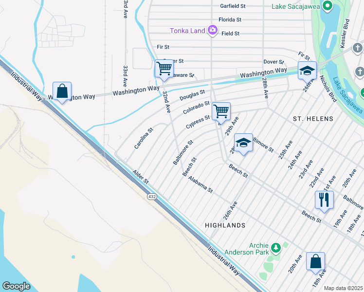 map of restaurants, bars, coffee shops, grocery stores, and more near 311 Baltimore Street in Longview