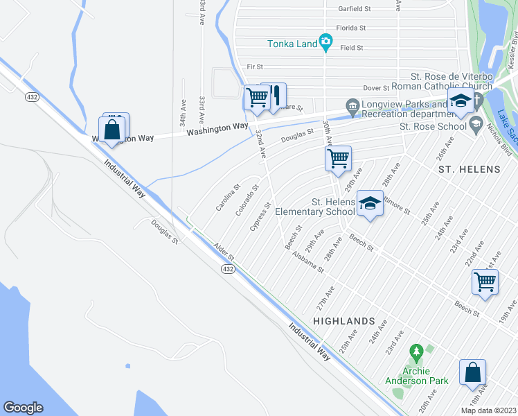 map of restaurants, bars, coffee shops, grocery stores, and more near 265 Cypress Street in Longview