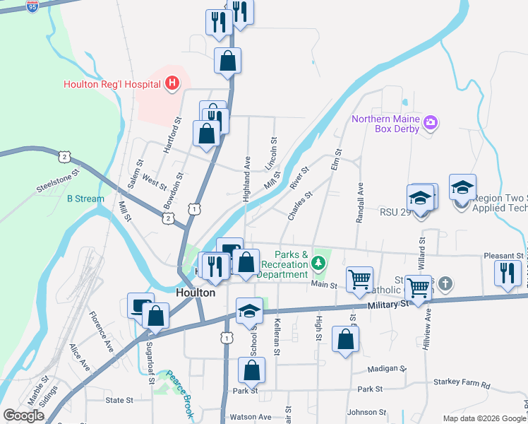map of restaurants, bars, coffee shops, grocery stores, and more near 26 River Street in Houlton