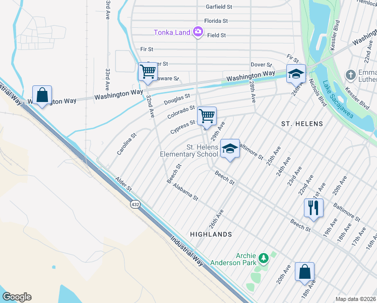 map of restaurants, bars, coffee shops, grocery stores, and more near 365 29th Avenue in Longview