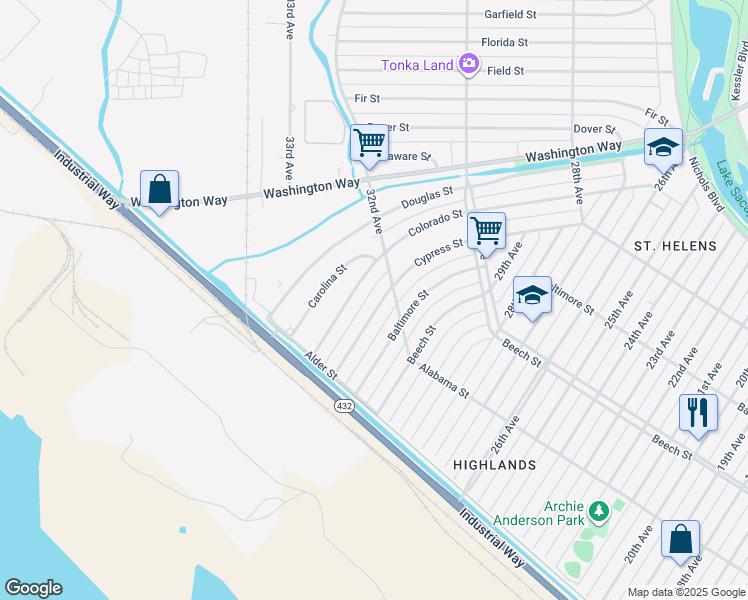 map of restaurants, bars, coffee shops, grocery stores, and more near 267 Cypress Street in Longview