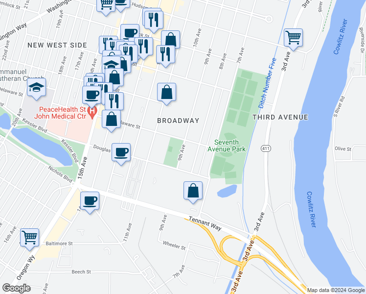 map of restaurants, bars, coffee shops, grocery stores, and more near 858 9th Avenue in Longview