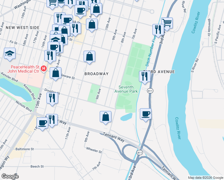 map of restaurants, bars, coffee shops, grocery stores, and more near 917 8th Avenue in Longview