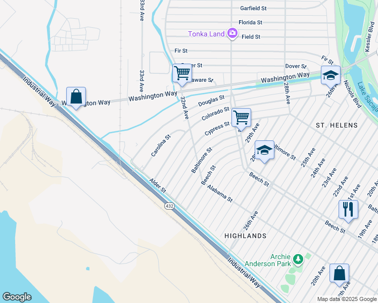 map of restaurants, bars, coffee shops, grocery stores, and more near 504 32nd Avenue in Longview