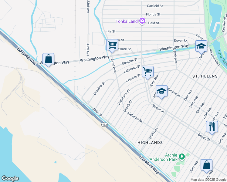 map of restaurants, bars, coffee shops, grocery stores, and more near 271 Cypress Street in Longview