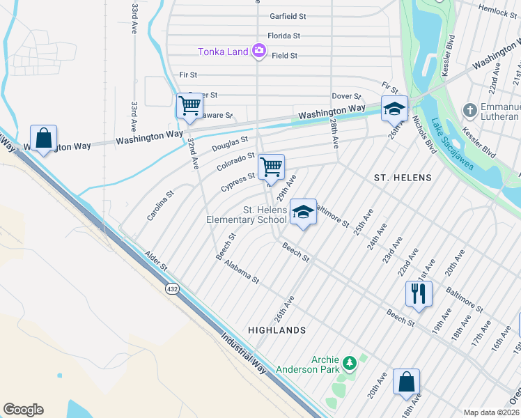 map of restaurants, bars, coffee shops, grocery stores, and more near 374 Baltimore Street in Longview