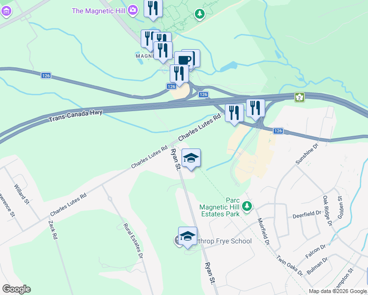 map of restaurants, bars, coffee shops, grocery stores, and more near 100 Charles Lutes Road in Moncton