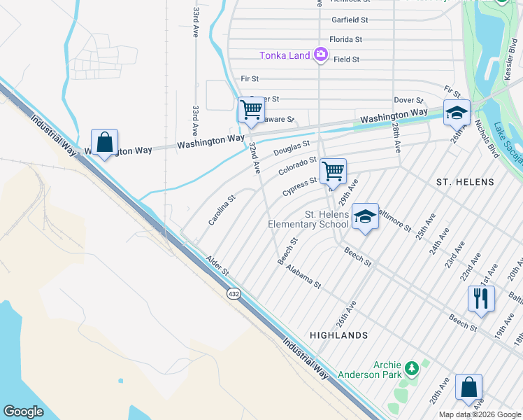 map of restaurants, bars, coffee shops, grocery stores, and more near 279 Cypress Street in Longview