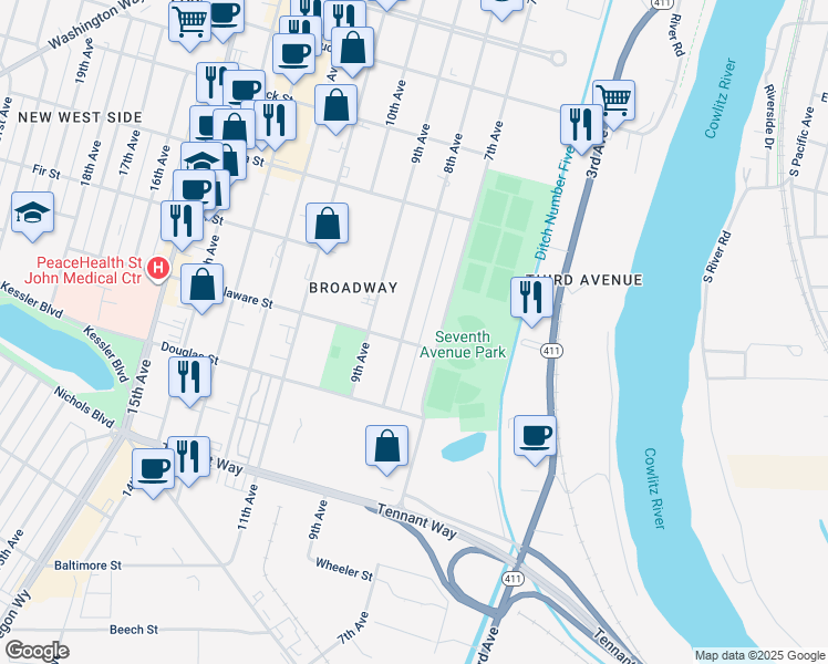 map of restaurants, bars, coffee shops, grocery stores, and more near 917 7th Avenue in Longview