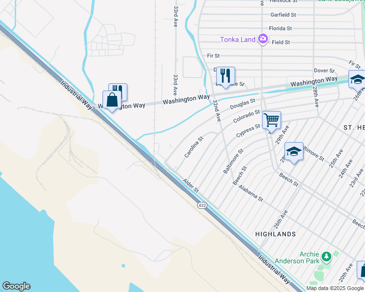 map of restaurants, bars, coffee shops, grocery stores, and more near 221 Douglas Street in Longview