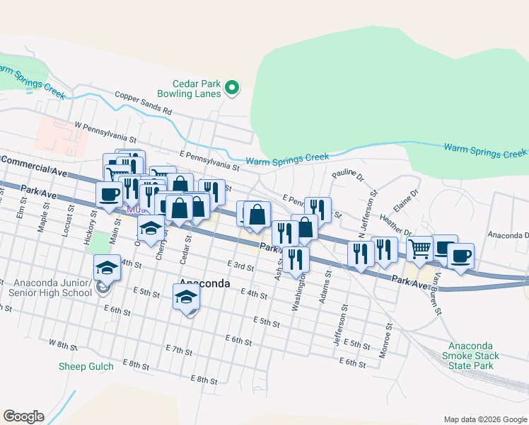 map of restaurants, bars, coffee shops, grocery stores, and more near 12 Alder Street in Anaconda