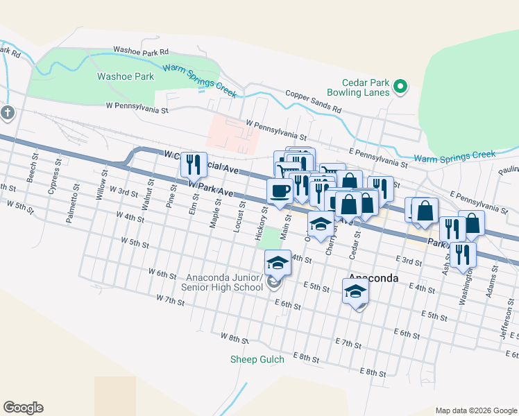 map of restaurants, bars, coffee shops, grocery stores, and more near 200 Hickory Street in Anaconda