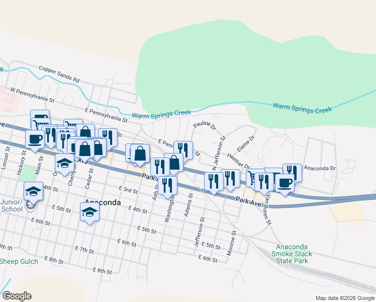 map of restaurants, bars, coffee shops, grocery stores, and more near 698 East Pennsylvania Street in Anaconda