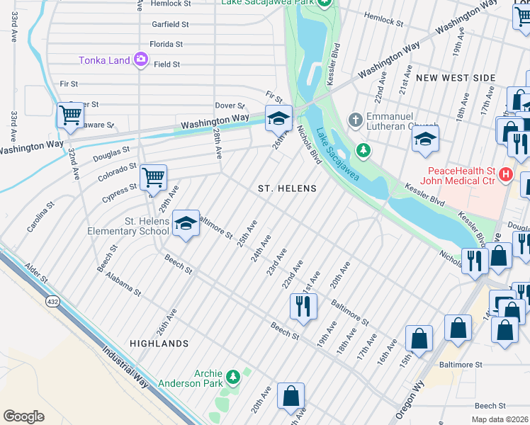 map of restaurants, bars, coffee shops, grocery stores, and more near 566 25th Avenue in Longview