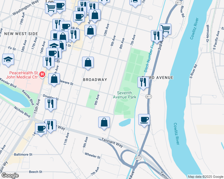 map of restaurants, bars, coffee shops, grocery stores, and more near 917 7th Avenue in Longview
