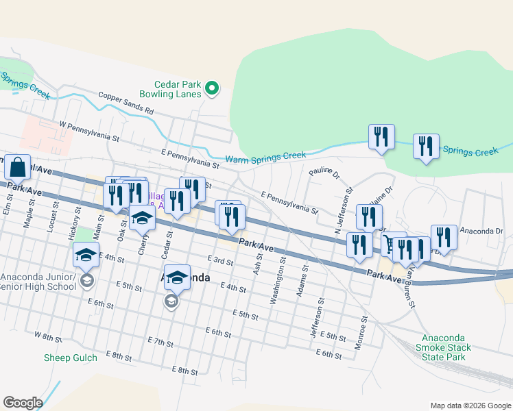 map of restaurants, bars, coffee shops, grocery stores, and more near 12 Alder Street in Anaconda
