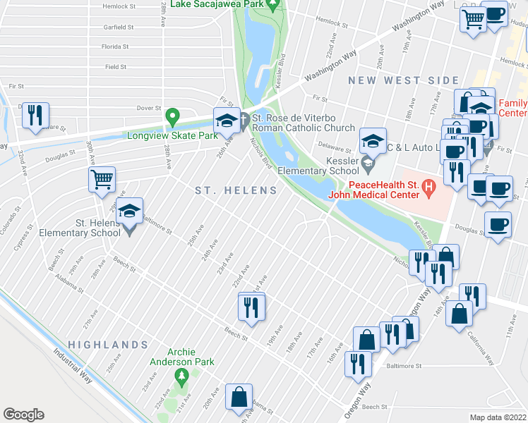 map of restaurants, bars, coffee shops, grocery stores, and more near 621 23rd Avenue in Longview