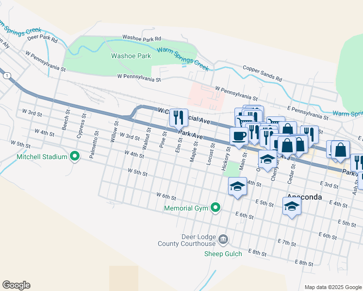 map of restaurants, bars, coffee shops, grocery stores, and more near 422 West 3rd Street in Anaconda