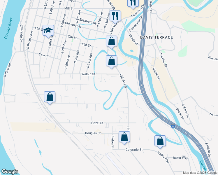 map of restaurants, bars, coffee shops, grocery stores, and more near 1615 Clinton Street in Kelso