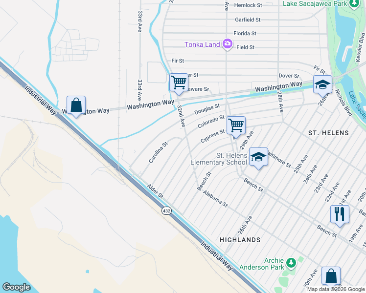 map of restaurants, bars, coffee shops, grocery stores, and more near 282 Colorado Street in Longview