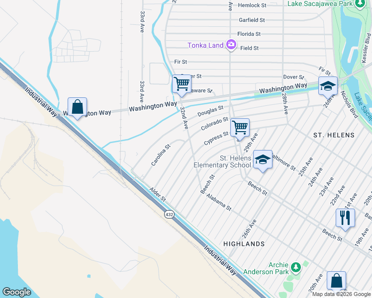map of restaurants, bars, coffee shops, grocery stores, and more near 504 32nd Avenue in Longview