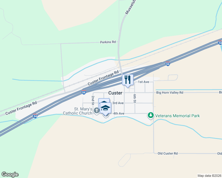 map of restaurants, bars, coffee shops, grocery stores, and more near 110 4th Street in Custer