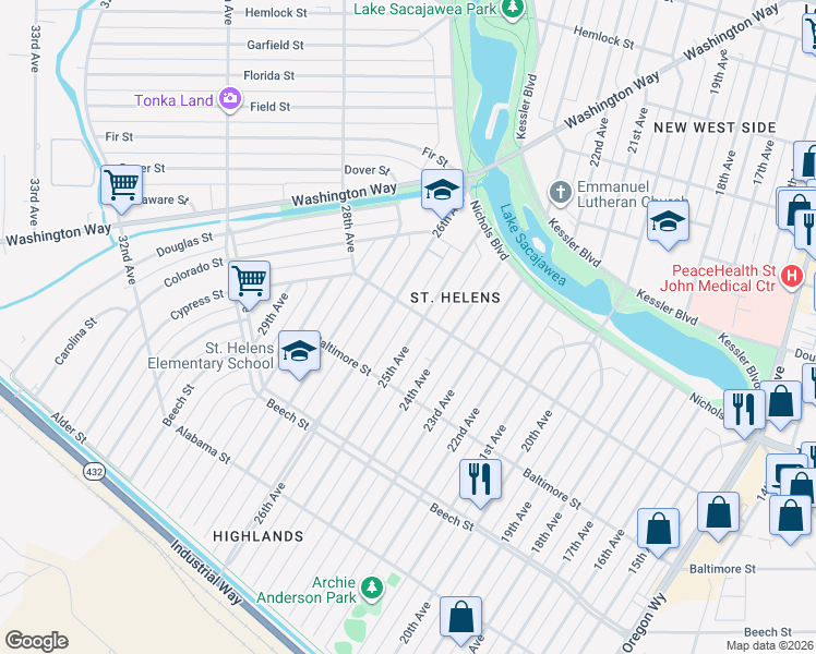 map of restaurants, bars, coffee shops, grocery stores, and more near 567 25th Avenue in Longview